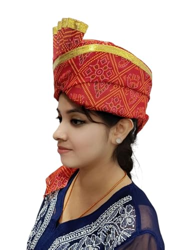 Image of BookMyCostume Traditional Rajasthani Safa & Barati Pagdi Collection - Pre-Stitched Ethnic Turbans, Bandhani /Leheriya Headwear For Weddings, Cultural Folk Dance & Festival Pagdi for Adults