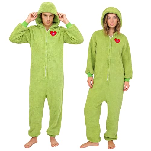 shyhand Adult Green Fluffy Onesie Christmas Couples Pyjamas Fleece Home Nightwear for Women Men (Small)