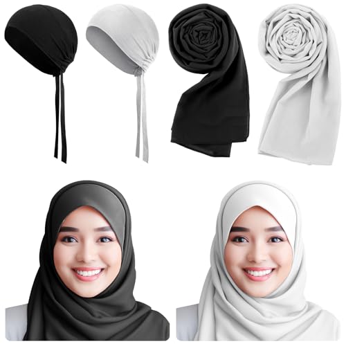 Bunnycool 4 Pcs Women Solid Chiffon Hijab Scarves and Undercap