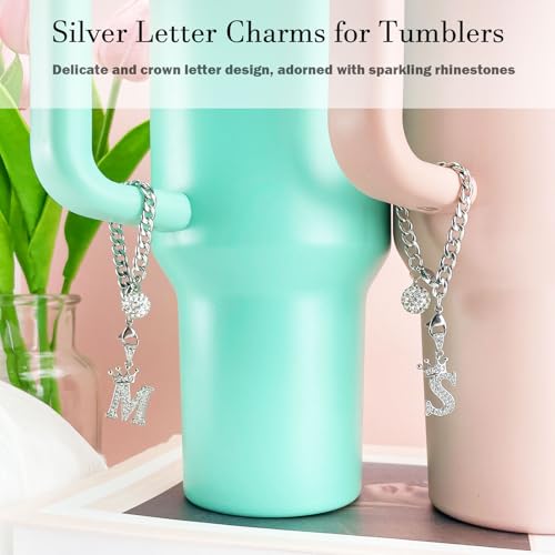Silver Letter Charms for Stanley Cup- Crown Letter Charms Accessories for Stanley Handle 40Oz Tumblers Water Bottle Cup Initial Keychain with Diamond Glitter Jewelry Personalized Decorations L3