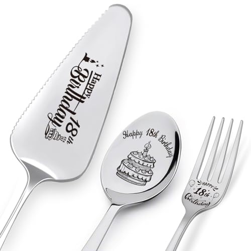 Happy 18th Birthday Personalized Laser-Engraved Stainless Steel Birthday Party Utensil Set - Cake Server, Spoon, and Fork for Son Daughter Boyfriend Girlfriend