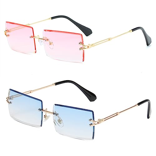 Yueluqu Gafas De Sol Rectangulares Retro Sin Montura Para Mujeres Y Hombres, Gafas Transparentes Y2k Vintage, Blue Pink, Medium Yueluqu Gafas De Sol Rectangulares Retro Sin Montura Para Mujeres Y Hombres, Gafas Transparentes Y2k Vintage, Blue Pink, Medium