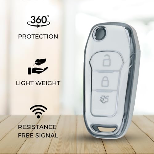 Image of KEYCEPT Silver Line TPU Key Cover Compatible with Ford Figo, Aspire, Endeavour Flip Key 3 Button with Keychain. (Type 1, White)