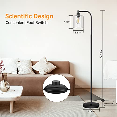 Floor Lamp Modern Floor Lamps For Living Room Industrial Floor Lamp With Hanging Clear Glass Shade, 7W Led Bulb (3000K) For Bedroom & Offices, Adjustable Standing Lamp With Foot Switch - Black #TOP2