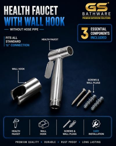 Image of Stainless Steel Health Faucet for Toilet with Wall Hook | Handheld Bidet Spray Gun | High Pressure Jet Spray | Rust Resistant | Heavy Duty | Leak Proof | Without Hose Pipe