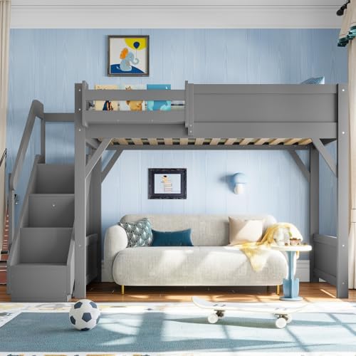 Image of KEIKI Solid Wood Twin Size Loft Bed Frame with Stairs Built-in Wardrobe | Twin Size Loft Bed with Storage Shelves, Full-length Guardrails, No Box Spring Needed for Bedroom, Dorm, Gery