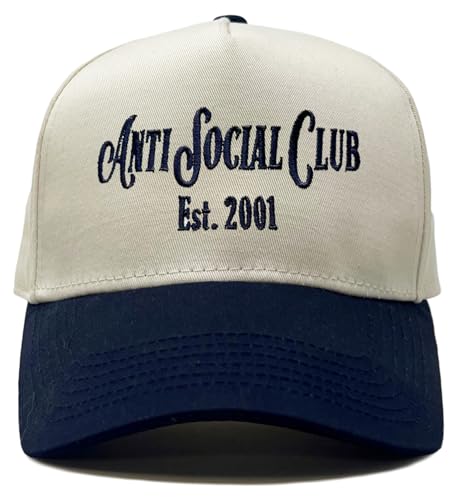 Funky Junque Vintage Cute Two Tone Trucker Dad Hat Embroidered Adjustable Snapback Hat for Women - Anti Social Club - Navy/Beige