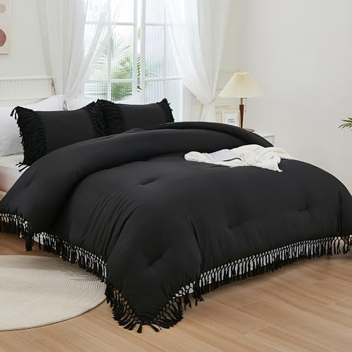 Image of Andency Black Full Size Comforter Set, 3 Pieces Boho Tassel Lightweight Soft Bedding Comforter Sets, All Season Fluffy Fringe Bed Set (79x90In Comforter & 2 Pillowcases)