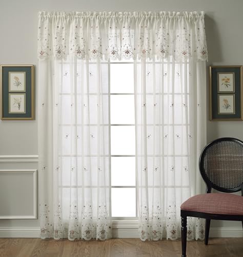 Today's Curtain, Sunshine Semi Sheer Embroidery Panel 63", Ecru/Burgundy, 60" W x 63" L