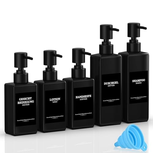 5er Set Wiederverwendbare Shampoo Spender Flaschen zum Befüllen 3x300ml + 2x500ml Schwarz Nachfüllflaschen mit Pumpspender Etiketten & Trichter für Bad Küche Duschgel