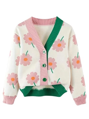 GORGLITTER Girl's Floral Cute Cardigan Button Long Sleeve V Neck Colorblock Sweaters