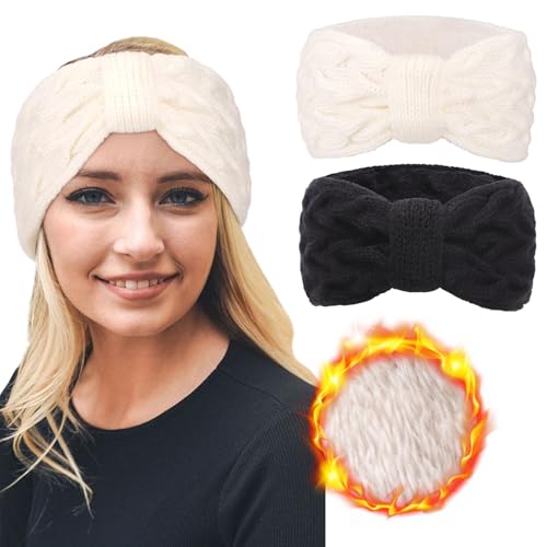 DRESHOW Femmes Chaud Tricoté Bandeau Hiver Oreille Plus Chaud Crochet Tête Enveloppe épais Polaire Doublure Cheveux Bandes, Taille unique, 2pcs Set82-06