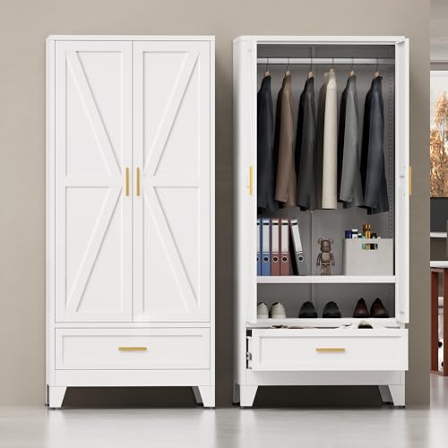 Image of Metal Wardrobe Closet for Bedroom, 71 inch Freestanding Armoire Wardrobe with Drawer and Shelf, Hanging Rod Clothing Storage Cabinet with Two Doors, Tall Farmhouse Clothes Cabinet Bedroom Armoires