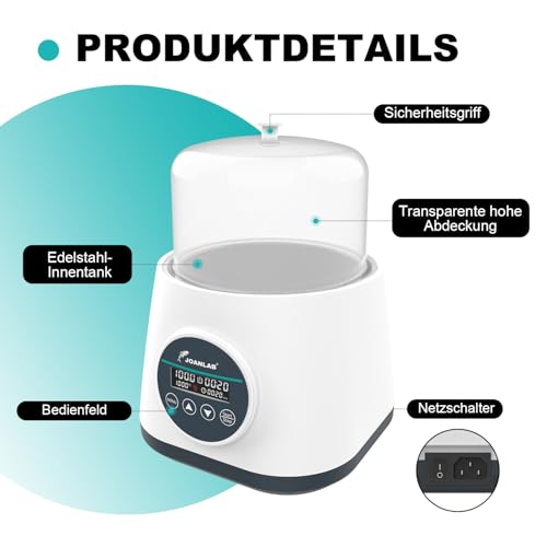 JOANLAB 2L Labor-Wasserbad mit Digitalanzeige, Präzisionsheizung 100°C, Edelstahl-Wanne mit Timer & Doppelschutz, Klarsichtdeckel für Laboratorien(WB-2S)