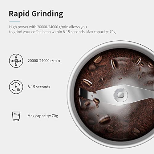 SHARDOR Coffee & Spice Grinders Electric with 2 Removable Stainless Steel Bowls for Dry or Wet Grinding, 70g.