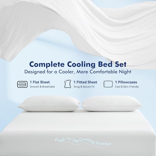 Image of Elegear Full Cooling Sheets for Hot Sleepers, Silver Infused Arc-Chill 3.0 Bed Sheet Set, Q-Max 0.5 Silky Soft Breathable Cool Bedding Set for Night Sweats, 18 inch Deep Pocket, 4 Pieces, White
