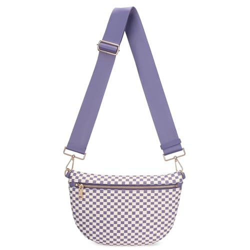 WOOMADA Checkered PU Bum Bag Sling Purse with Adjustable Strap for Travel(Cloud Purplean White Check)