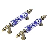 MY MIRONEY 2PCS Ceramic Drawer Pulls Antique Chinese Style Blue Floral Cabinet Pulls Hardware Kitchen Cabinet Door Pull Handles for Cupboard Dresser Wardrobe, 3' Holes Center to Center