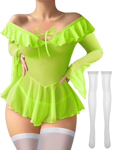 Image of Foxiny Sheer Ruffle Long Sleeve Babydoll Lingerie Dress | Off-shoulder neckline, flared cuffs and a flounce hem add movement; thong and thigh-high stockings complete the 3-piece set