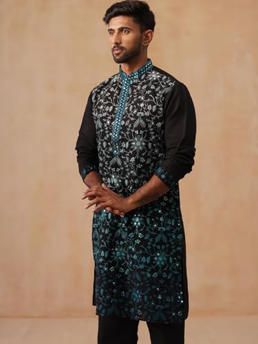 Image of Jompers Men's Silk Blend Embroidered Kurtas (Peacock, L)