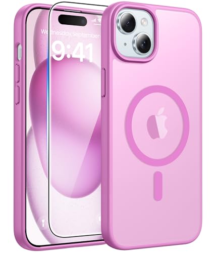 Image of FNTCASE for iPhone 15 Case: for iPhone 14 Case & iPhone 13 Case [Compatible with Magsafe] Translucent Matte Cases with [Screen Protector] Military Grade Shockproof Protective Phone Cover - Pink