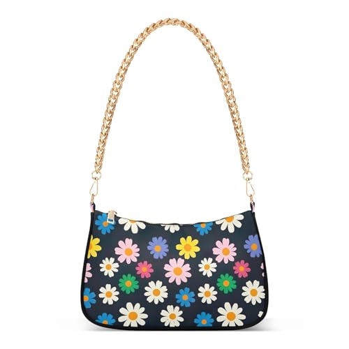 Colorful Daisy Floral White Black Designer Handbag Womens Ladies Shoulder Bag Prints Hobo Purse Bags Zipper Closure Chain Strap