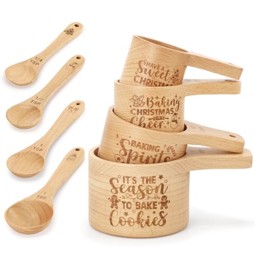 Christmas Wooden Measuring Cup and Spoon Set with Festive Designs Stackable Measure Cups and Spoons with Comfortable Grips Essential Kitchen Gadgets for Cooking and Baking Gift for Christmas