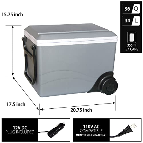 Koolatron Thermoelectric Iceless 12V Cooler/Warmer 36 Qt (34 L) W/Wheels, Portable Electric Rolling Car Fridge W/ 12 Volt Dc Power Cord, Gray/White, Travel Road Trips Camping, Made In North America #TOP6