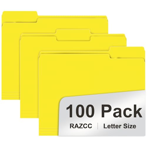 File Folder, RAZCC 100 Pack 1/3 Cut Tab File Folders Letter Size, Yellow, Folders with Tab, Great for Organizing and Easy File Storage