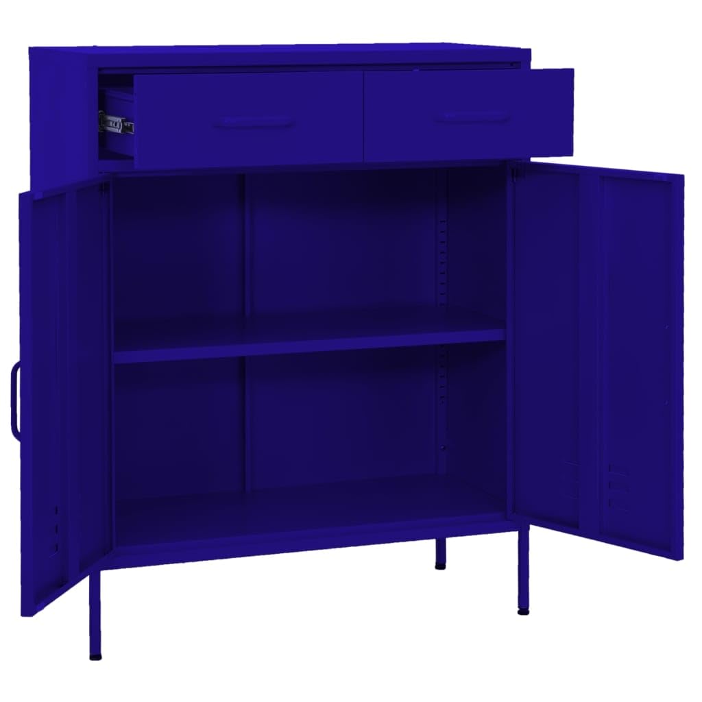 Armario de almacenamiento azul marino de acero 80 x 35 x 101,5 cm con 2 puertas, 2 cajones, se puede cerrar para el hogar, oficina, garaje, taller, sótano para almacenamiento seguro y