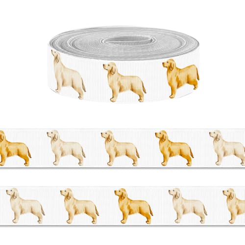 10 Yards Golden Retriever Dogs Ribbon for Crafting Sewing 7/8 Inch White Grosgrain Ribbons for Gift Wrapping Pet Puppy Ribbons for Hair Bow Cheerleader Accessories