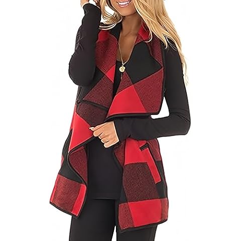 Unidear Womens buffalo Plaid Vest Casual Lapel Open Front Sleeveless Cardigan Jacket Coat Outfits with Pockets Red and Black L Cover