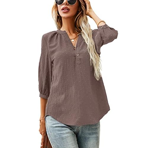 LOMON Women's Casual 3/4 Sleeve Henley V-Neck Button Up Pleated Back Blouses Swiss Dot Blouse Tops T-Shirts S-XXL