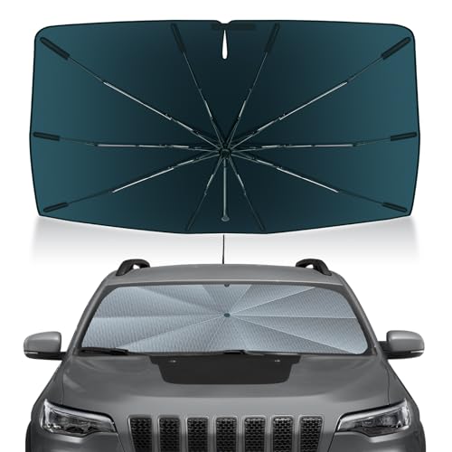 Image of Autorder Windshield Sun Shade Umbrella for 2014-2023 Jeep Cherokee SUV Accessories,Upgraded Ice Crystal Material,Easy Setup Umbrella Sunshade for Car Windshield,100% Sun Blocking