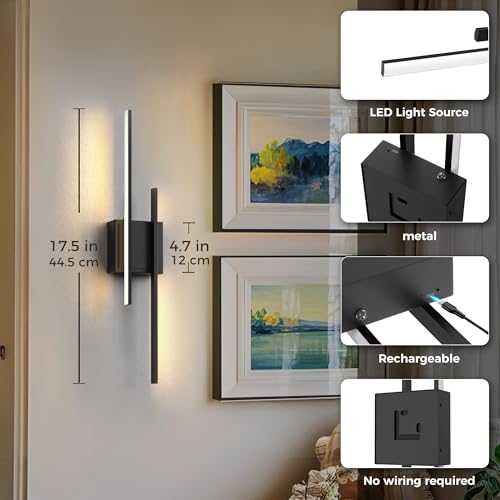 Image of L LOHAS LED Battery Operated Wall Sconces, Set of 2, 10000mAh, Black