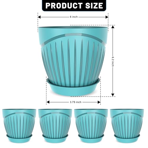 Image of ELUVIA Plastic Plant Pots with Drainage Holes and Trays - Set of 5 (6 Inch) - Minimalist Decorative Indoor Flower Pots for Living Room, Balcony & Office Garden (Blue)