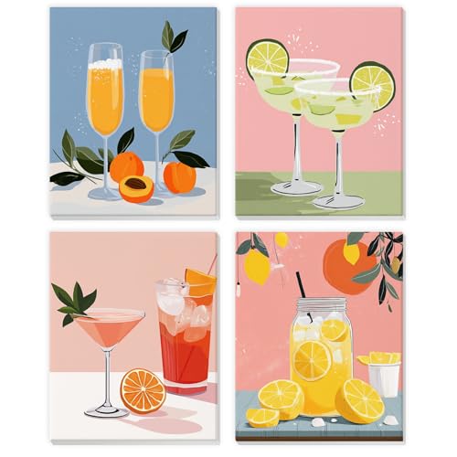 DAERLE 4 Pack Pintar por Numeros Niños Adultos con Marco, Cóctel Cocina, DIY Cuadros para Pintar por Números, Bebida de frutas, Pintura Acrilica Cuadro Artesanías de Arte, 20x25cm