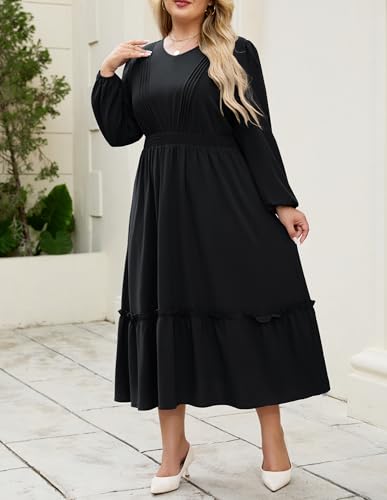 Hanna Nikole Women Plus Size Long Sleeve Casual Dress 2025 Fall V Neck Pleated Flowy Tiered Maxi Dresses with Pockets