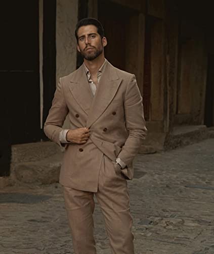Men's Linen Peak Lapel Suit Party Leisure Two Pieces Double Breasted Buttons Tuxedo3