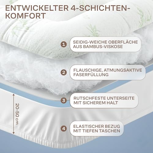 Matratzen Topper für himmlischen Komfort – Ultraweicher, atmungsaktiver und kühlender Matratzenschoner aus Bambusviskose – 160 x 200 cm, Tiefe Taschenpassform