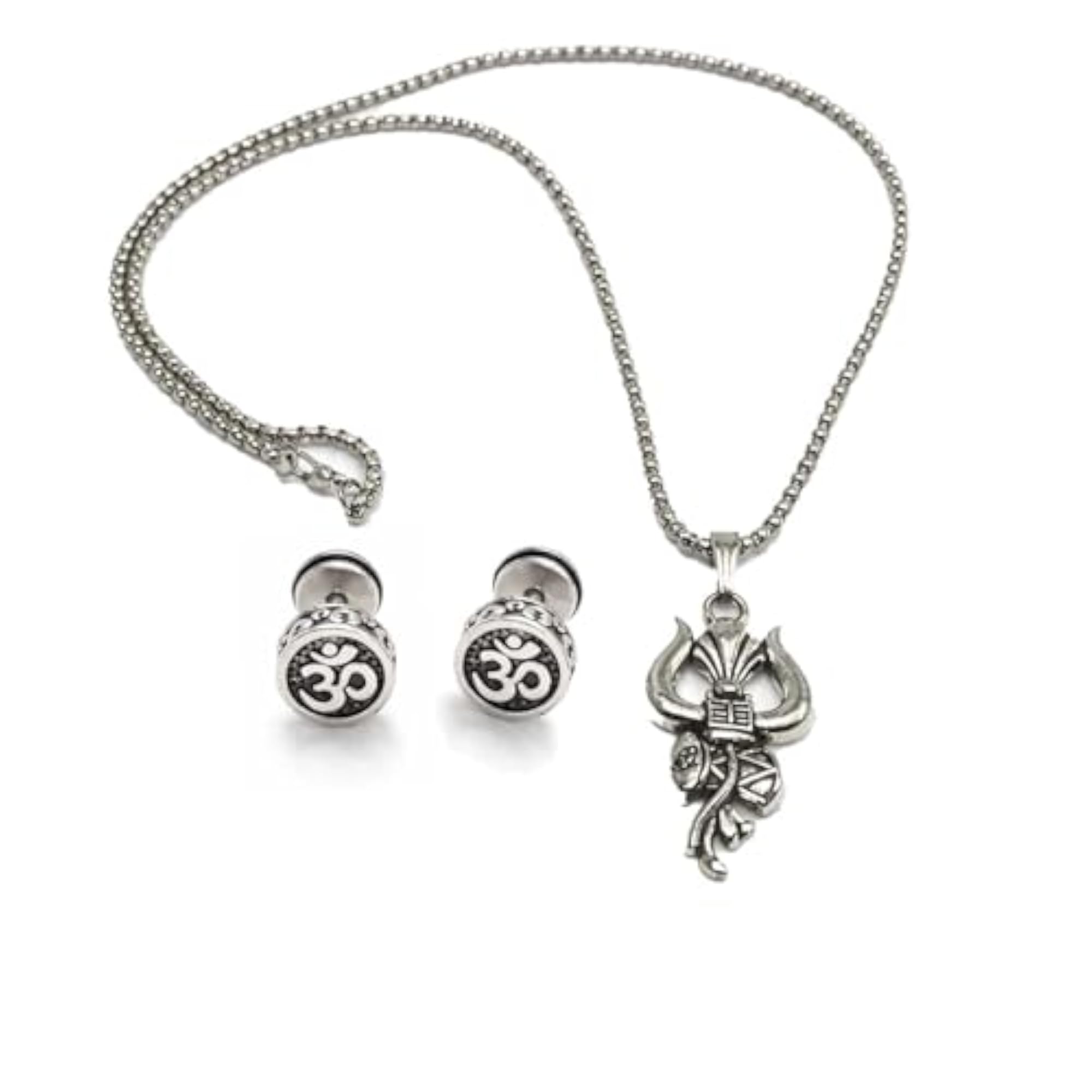 Unisex Silver Divine Lord Shiva Pendant & Stud Earrings Combo