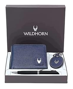 WILDHORN Blue Leather Wallet ,Keychain & Pen Combo for Men I Gift Hamper I Gift for Friend, Boyfriend ,Husband ,Father