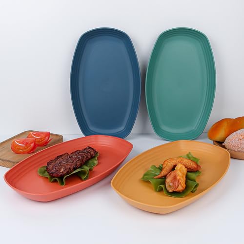 Image of Wheat Straw Oval Food Storage Plates Lightweight Kitchen Tableware for Fruit, Dessert, Snacks, Cereal, Pasta, Salad, Dessert, Dishes, Sushi, Cake Dishwasher Microwave Safe (Yellow, Pack of 4)