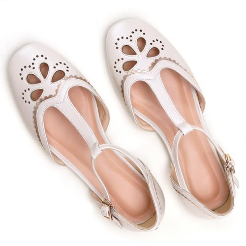 LanreyTaley Womens Vintage Mary Jane Shoes 60s Flats Round Toe Brogue Shoes Cut Out Dress Pumps3