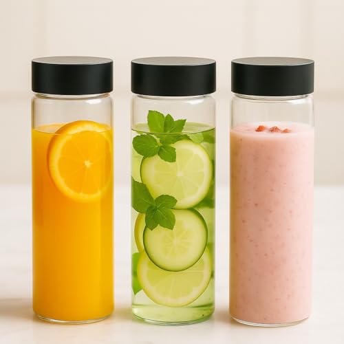 Image of 750ml Glass Water Bottle with Black Airtight Lids (Set of 3) - Clear Tumblers for Fridge Storage, Juice, Milk, Smoothies & Detox Water - Leakproof, Reusable & BPA-Free Design