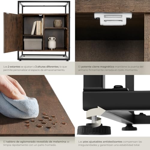 tectake® Mesa Auxiliar con Armario Magnético y Estantes, Recibidores de Entrada, Estanteria Baño, Mueble Baño, Mueble Recibidor, Aparador - 70 x 38 x 80,5 cm Madera Industrial Oscura, Rústica - imagen 6