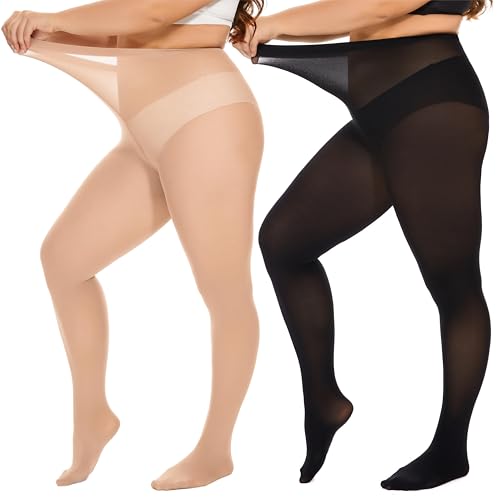 Image of DUCMODA Plus Size Tights for Women, Ultra Soft Solid Color Semi-Opaque Pantyhose, Nylon High Waist Stockings 1X 2X 3X 4X