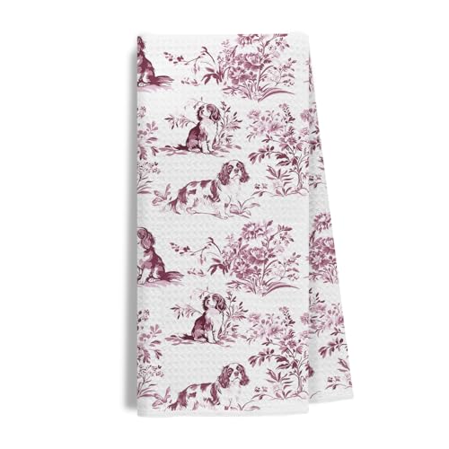 Image of Chinoiserie Cavalier King Charles Spaniel Kitchen Towels, King Charles Cavalier Gifts Dish Tea Towels for Kitchen, Grandmillennial Toile de Jouy Dog Hand Towels for Bathroom, 16x24 Inch (Red)