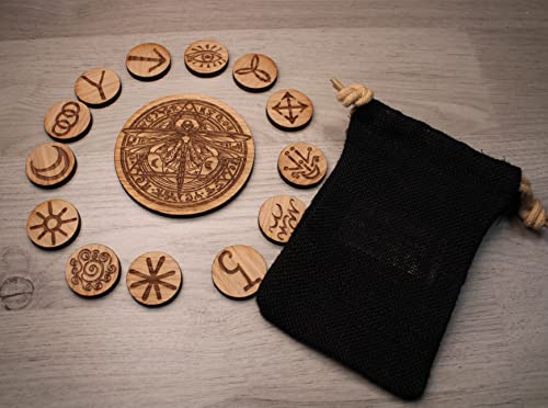 13 Hexenrunen Runensteine mit magischer Libelle aus Holz Runenset Eiche Hexen Runen