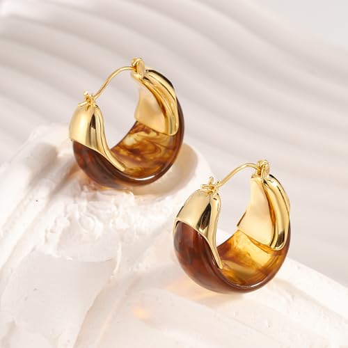 14k Gold Plated Amber Resin Hoop Earrings for Women Trendy, Hypoallergenic Chunky Gold Earrings Jewelry Gifts for Sensitive Earlobes2